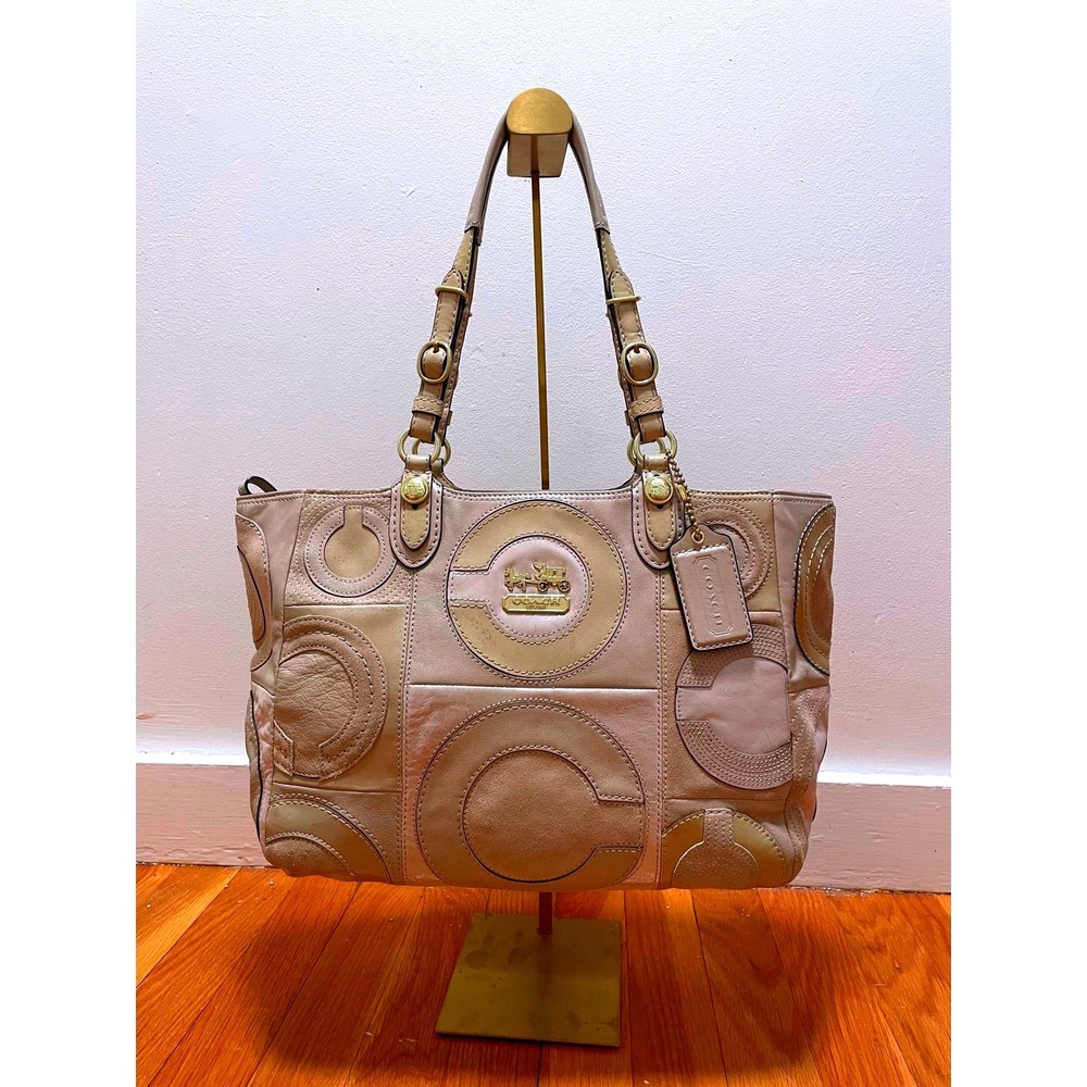 Coach Mia Patchwork Shoulder Bag Suede Leather Patent Beige Gold 15748
